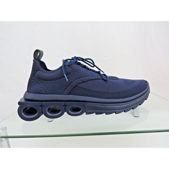 NIB FERRAGAMO DARK BLUE NIMA MESH LEATHER LOGO LOW SNEAKERS US 9.5 42.5 ITALY